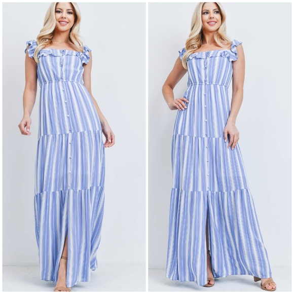 LAST 1❗PINK BLUSH Feminine Chic Blue White Stripes Tired Maxi Dress - Picture 5 of 6